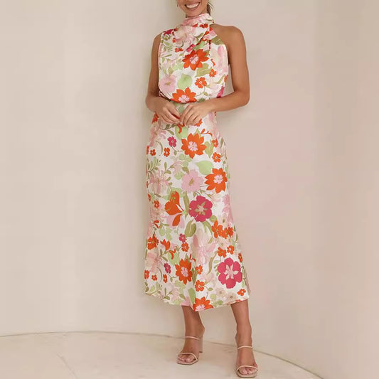 Women's Mature Elegant Sleeveless Strap Printing Satin Dresses
