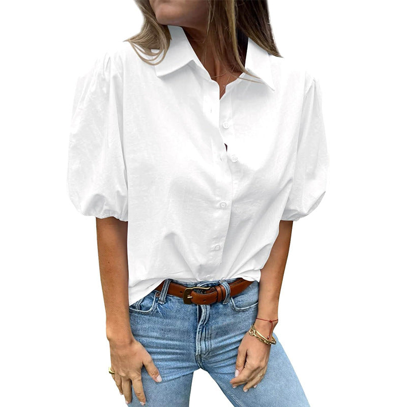Women's Summer Puff Sleeve Solid Color Buttons Blouses