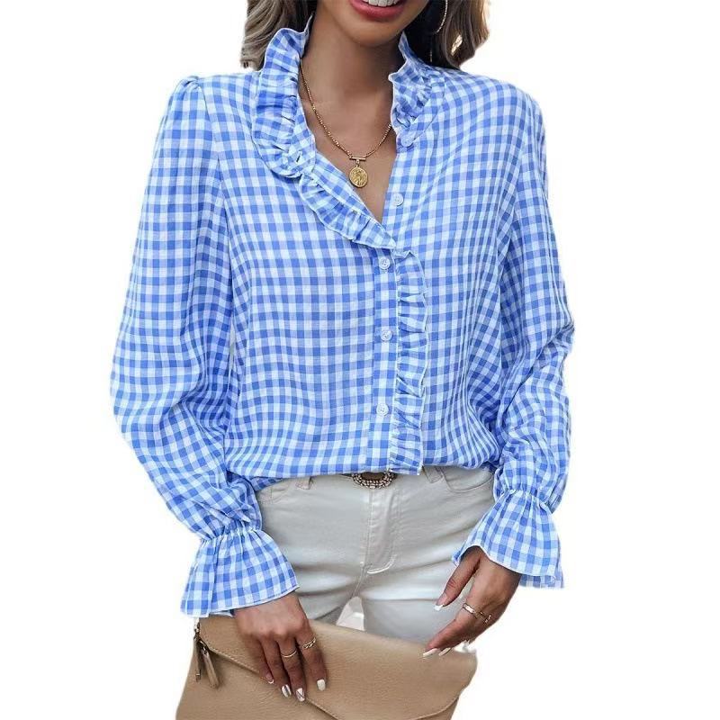 Women's Style Plaid Shirt With Wooden Ears Blouses