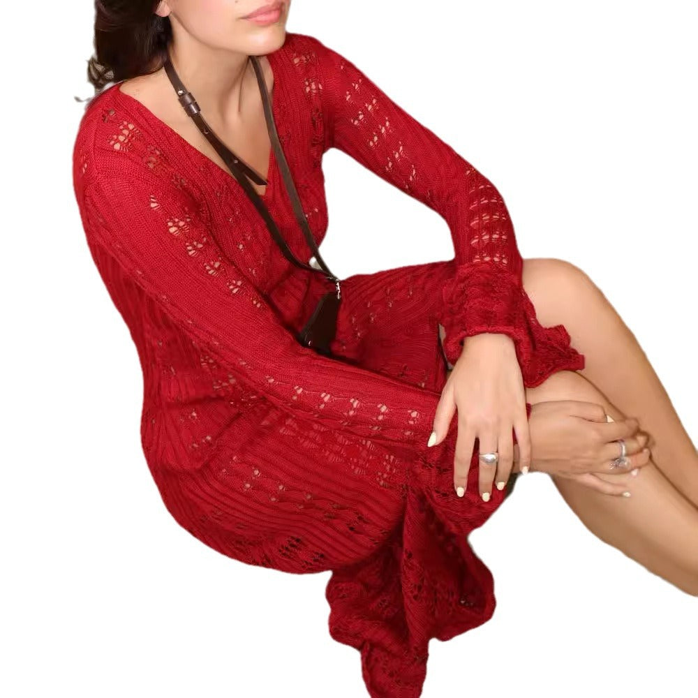 Style Vacation Hollow Bell Sleeve Woolen Dresses
