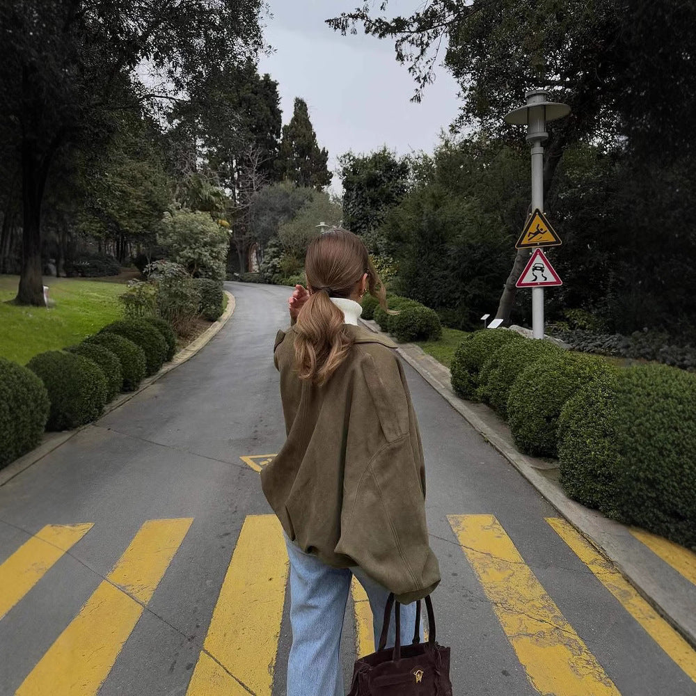 Women's Drawstring Design Lapel Deerskin Veet Pilot Long Jackets
