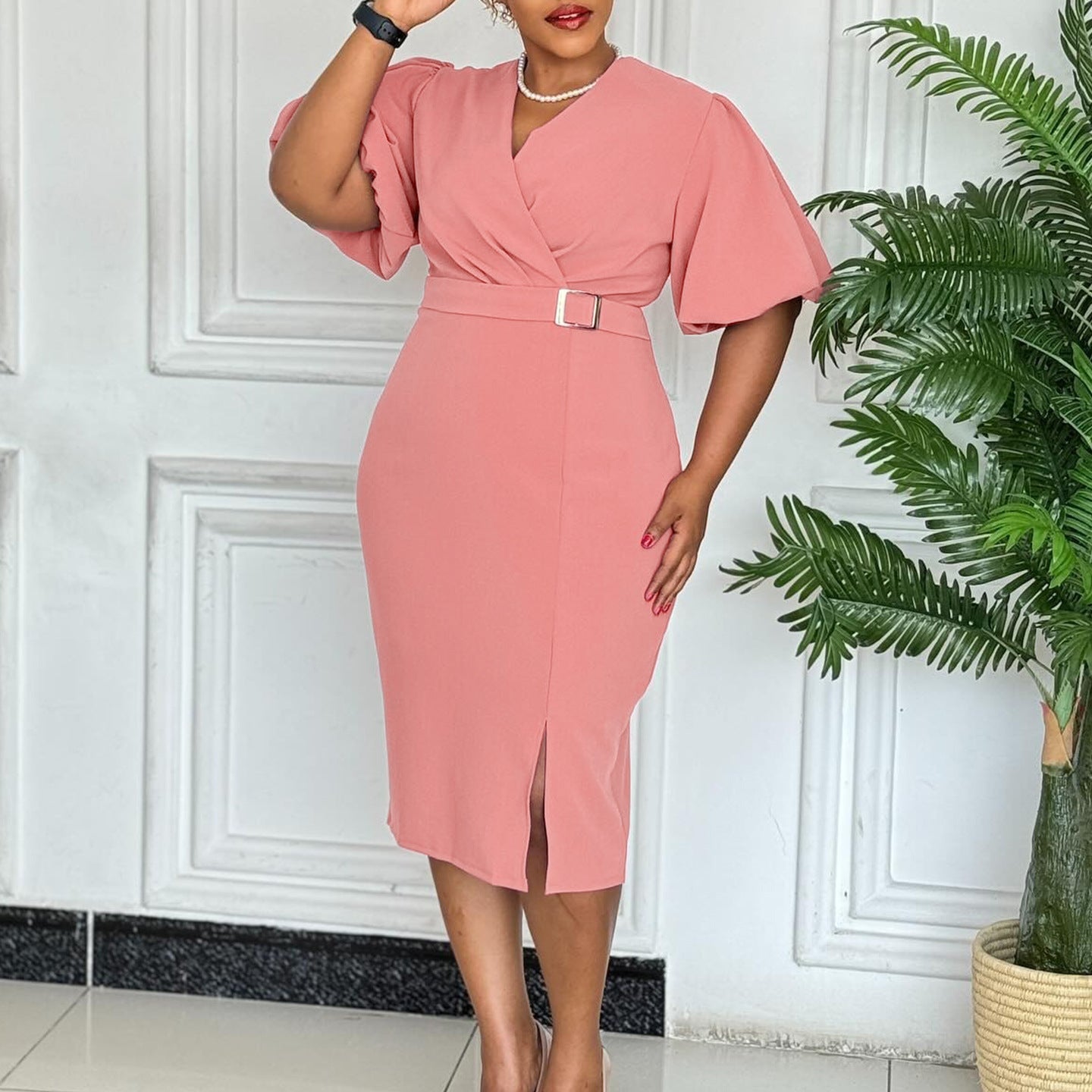 Women's Fashion Puff Sleeve Solid Color Waist Tight Split Hip Dress