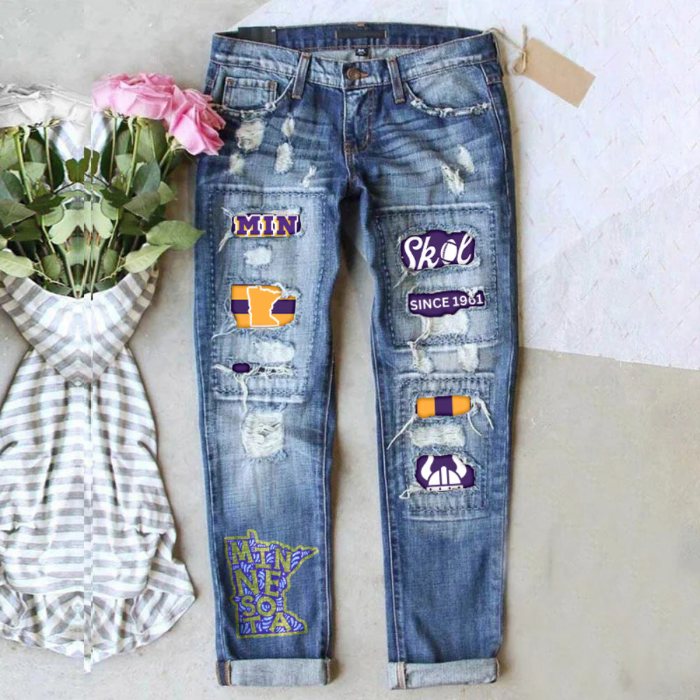 Women's Street Printing Ripped Straight Denim Trousers Jeans