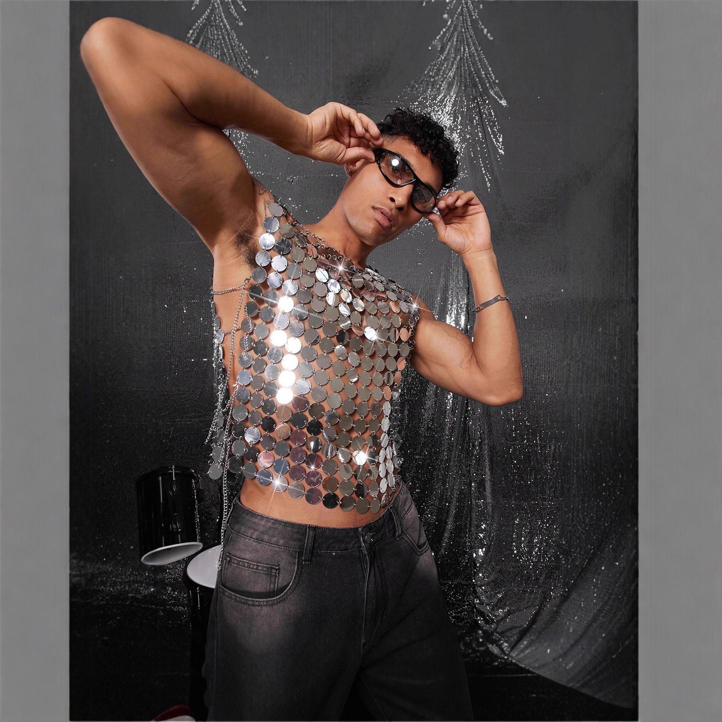 Men's Nightclub Sexy Handmade Sier Sequin Metal Tops