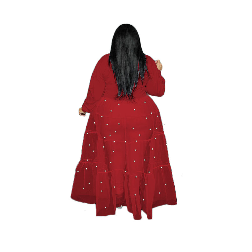 Women's Pearl Mesh Stitching Dress Featured Large Dresses