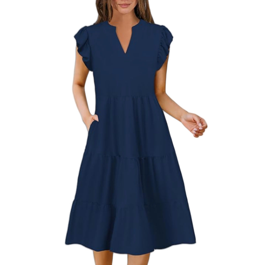 Women's Collar Ruffle Sleeve Mid-length Stitching Big Swing Dress