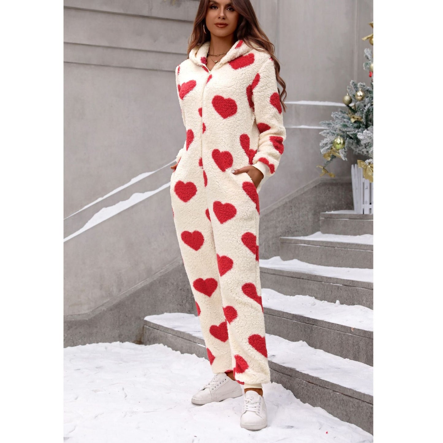 Women's Plush Loving Heart Printed Christmas Hooded Jumpsuits