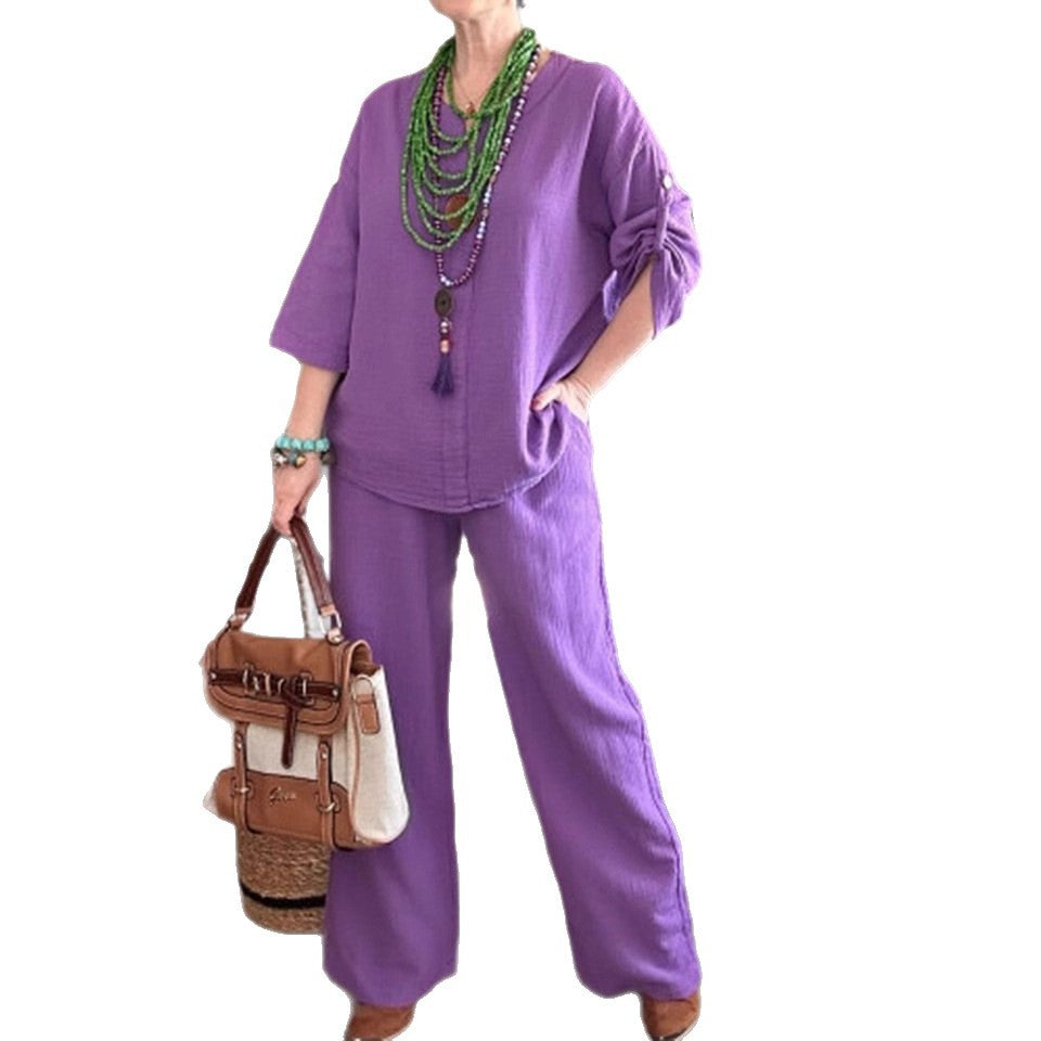 Women's Cotton Linen Loose Two-piece Half Sleeve Fashion Casual Suit