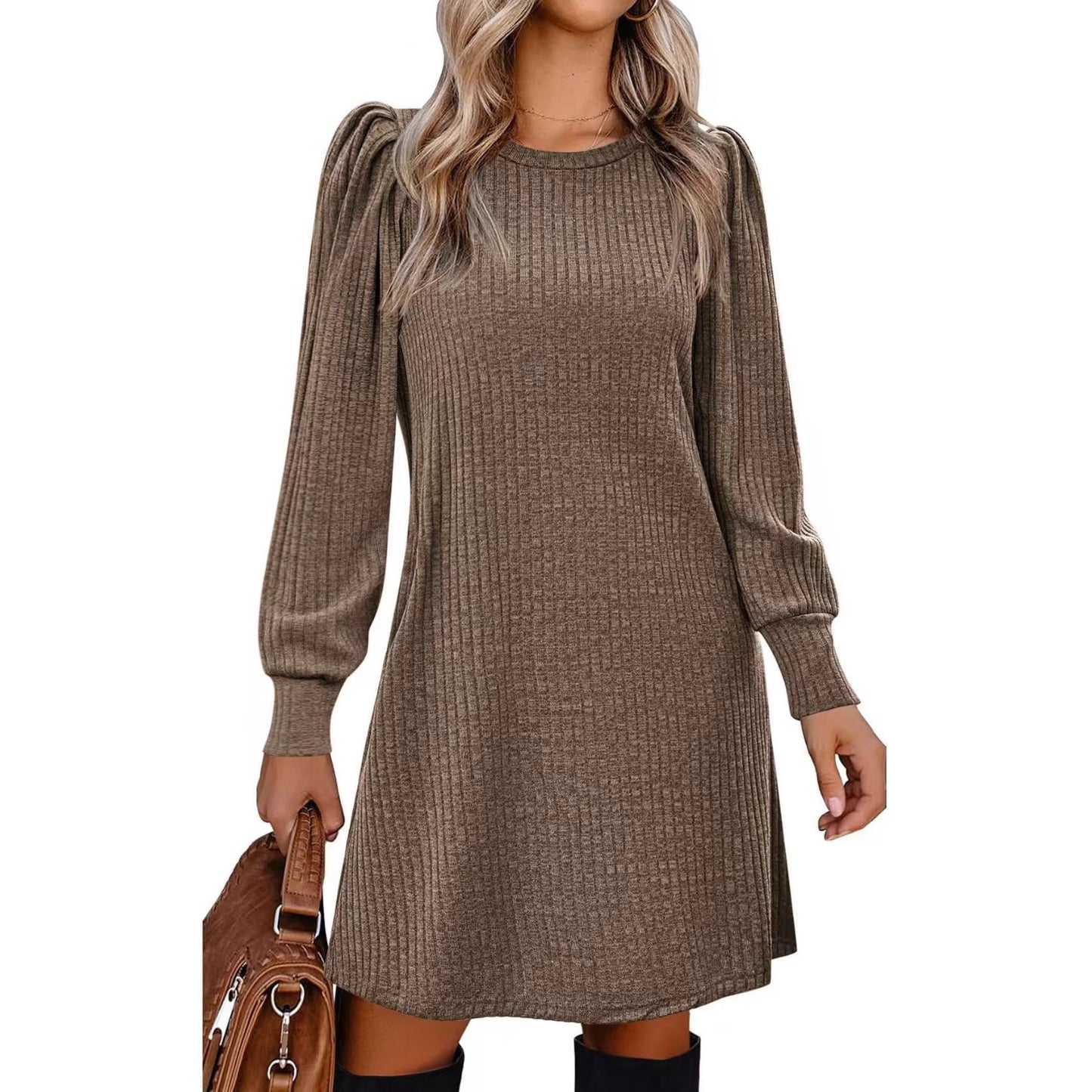 Women's Knitted Emerized Solid Color Round Neck Puff Dress