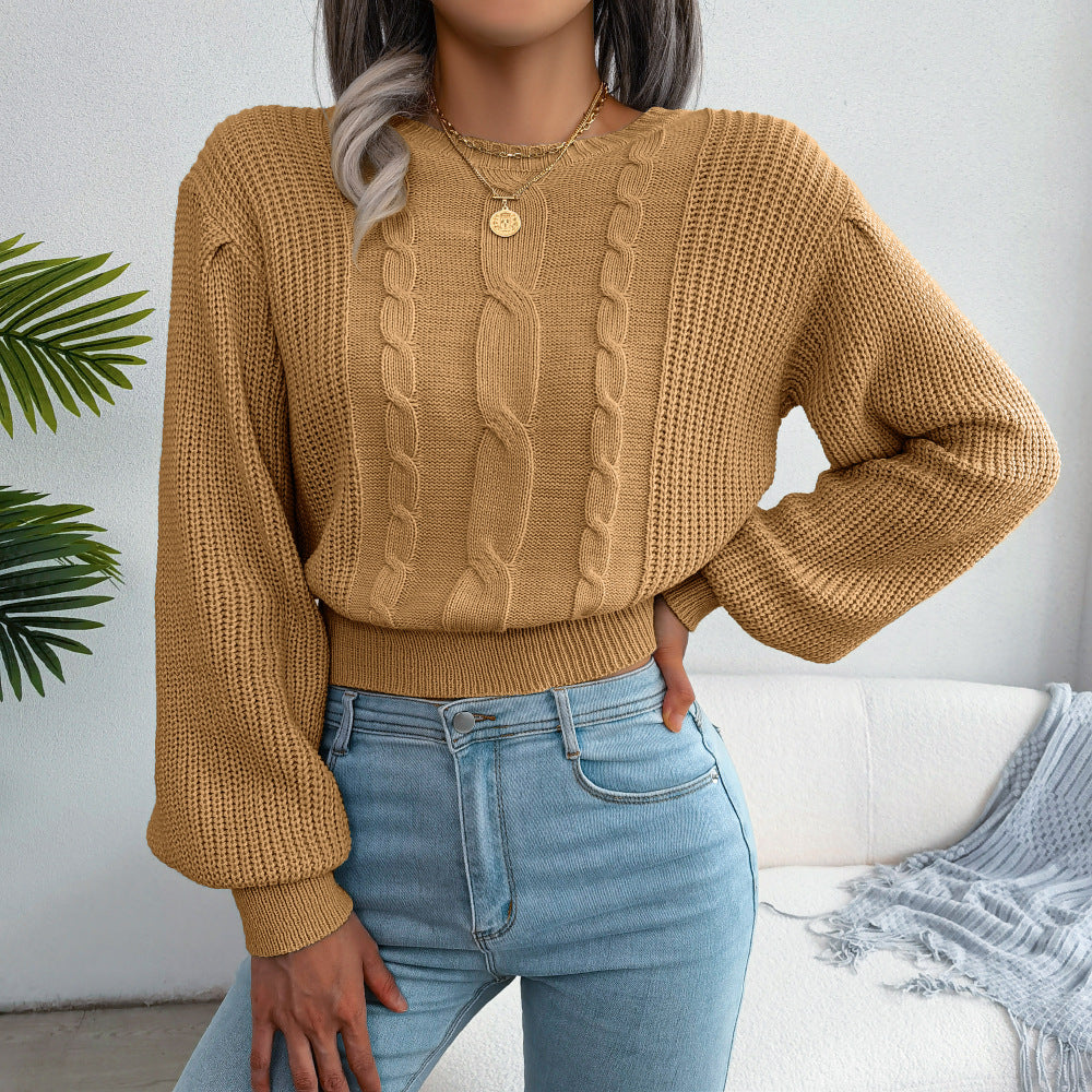 Women's Wind Casual Twist Lantern Sleeve Waist Trimming Sweater