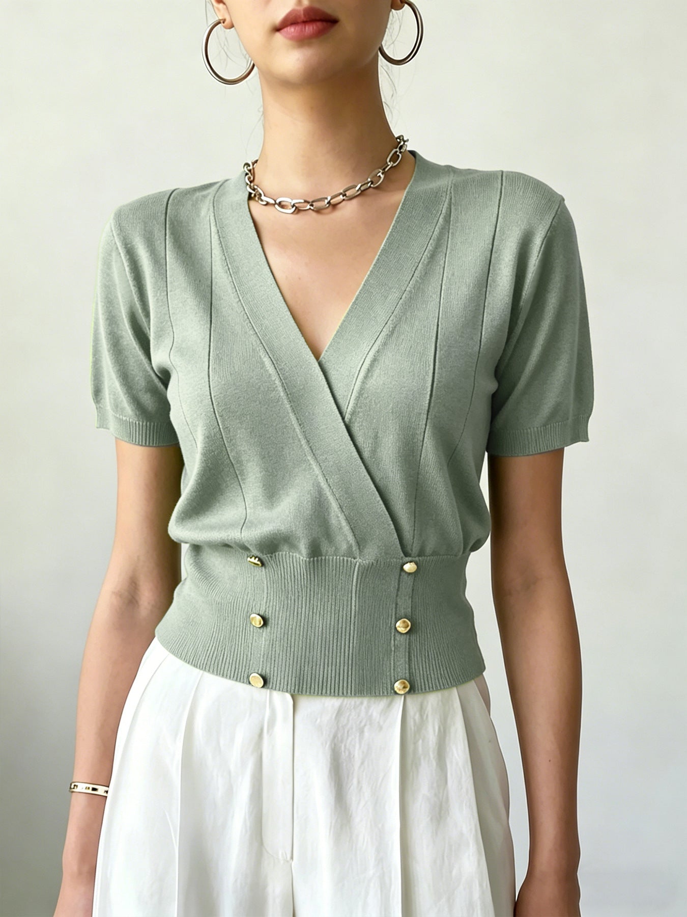 Women's Collar Tight Waist Fake Button Design Women's Sweater