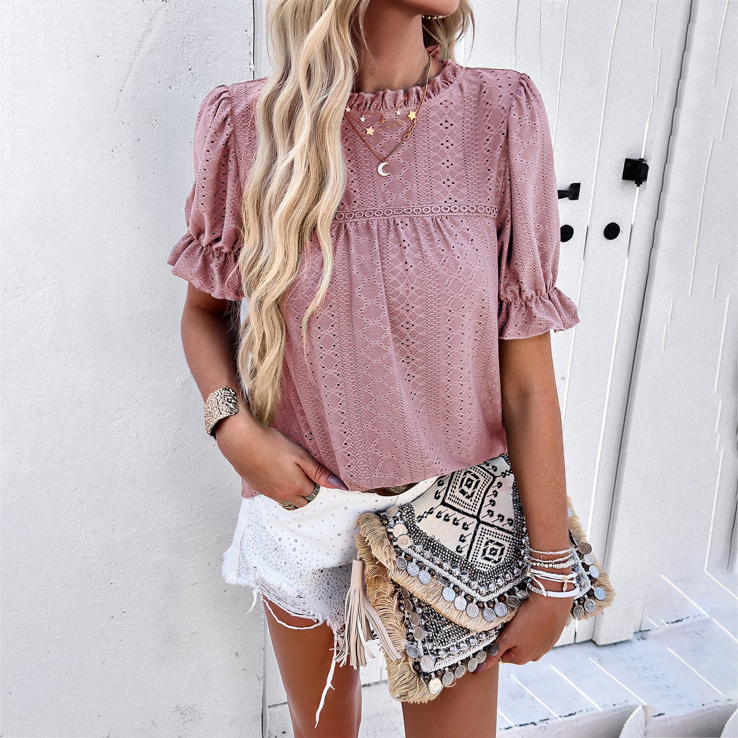 Women's T-shirt Casual Solid Color Sleeve Hollow Blouses
