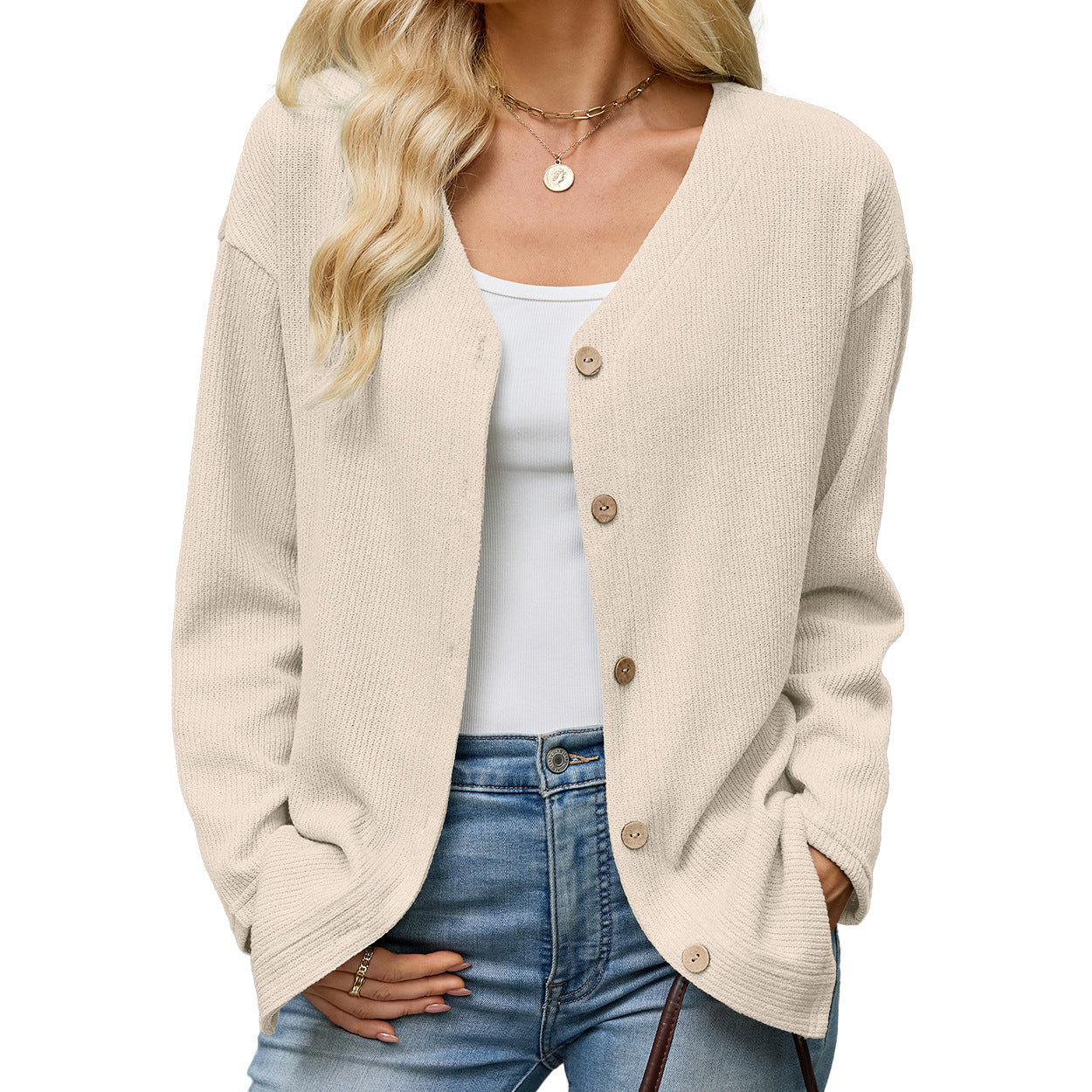 Women's Solid Color Loose Long Sleeve Button Women's Sweater