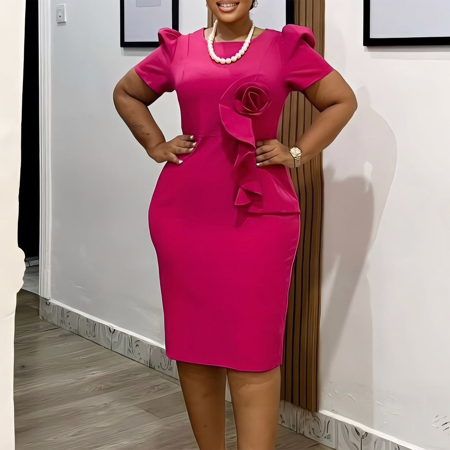 Women's Fashion Elegant Sheath Ol Ruffles Solid Color Sleeve Dress
