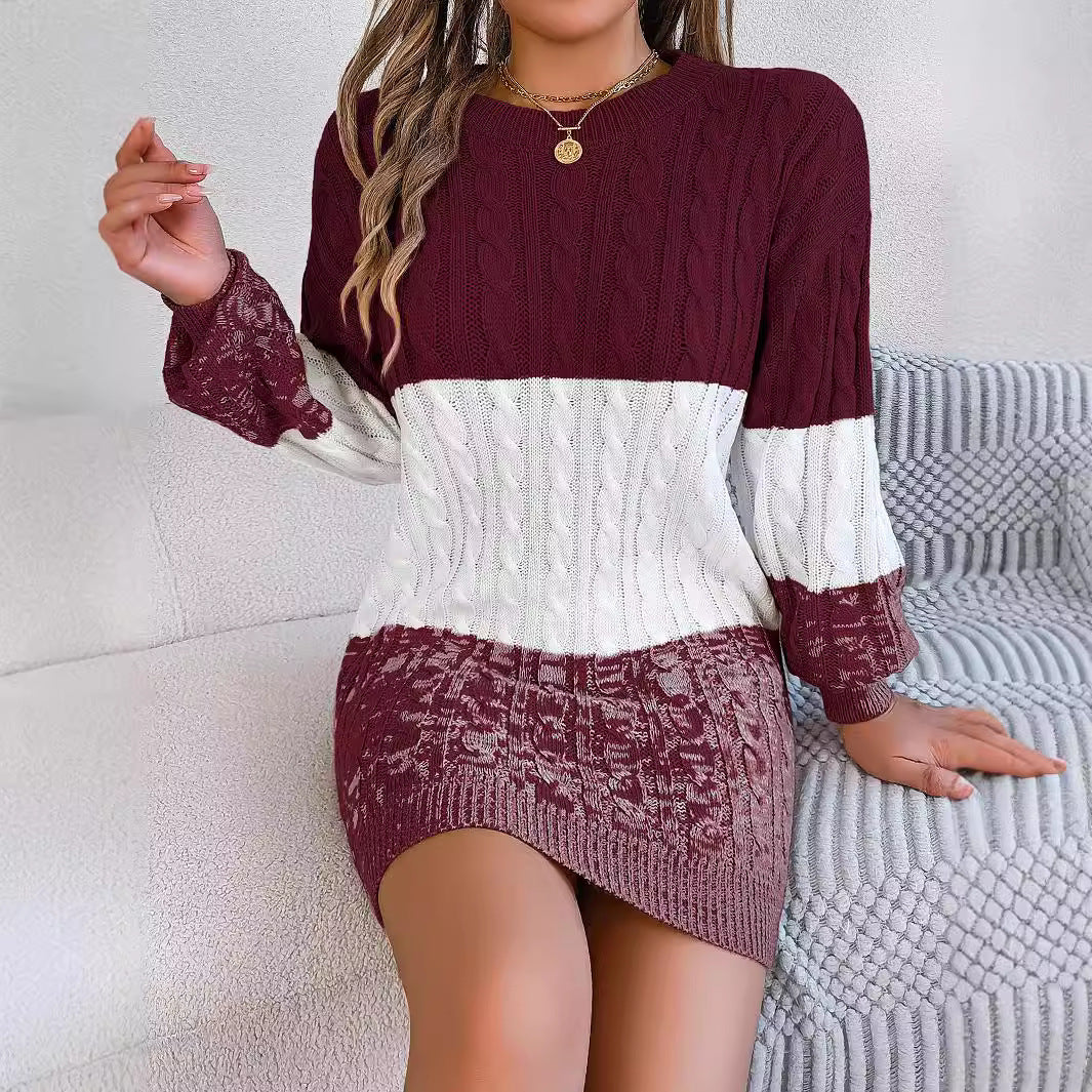 Women's Casual Multicolor Twist Lantern Sleeve Woolen Dress