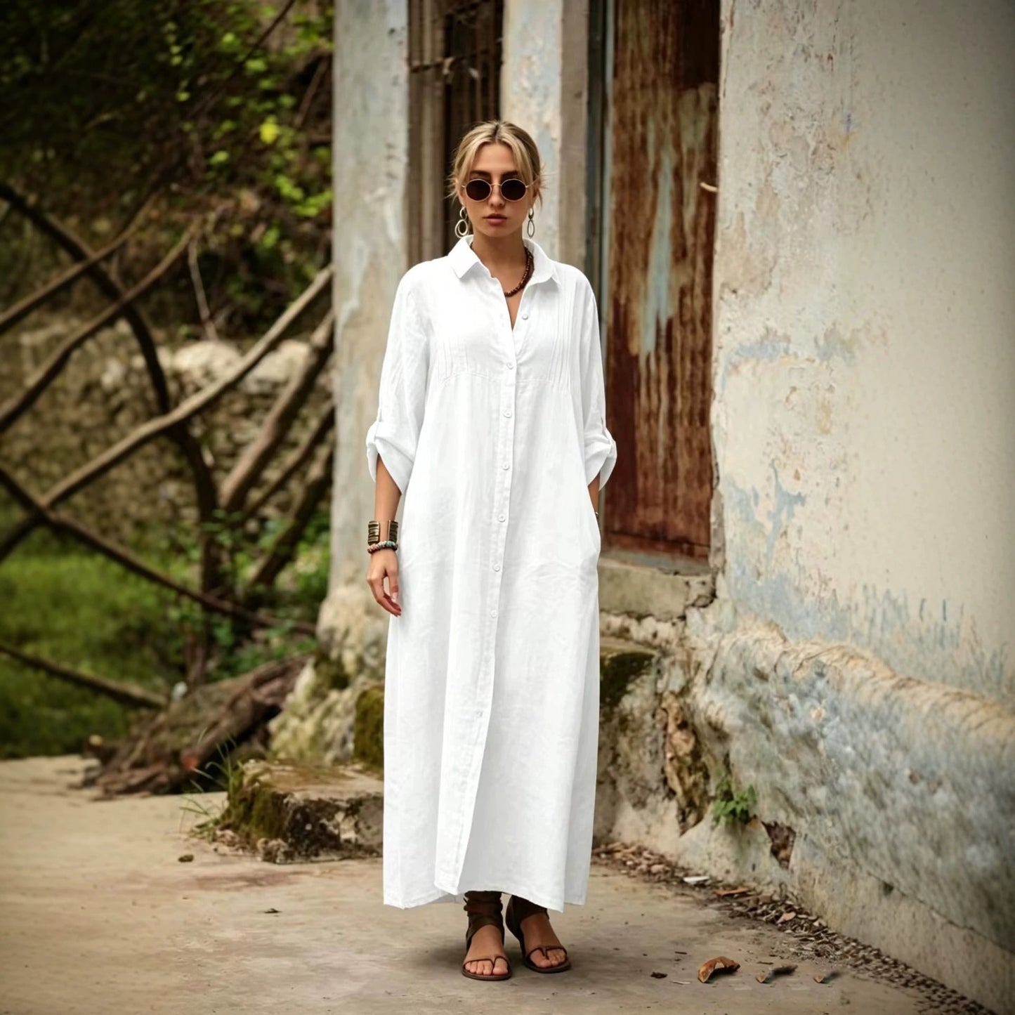 Solid Color Shirt Collar Long Sleeve Temperament Elegant Simple Loose Dress