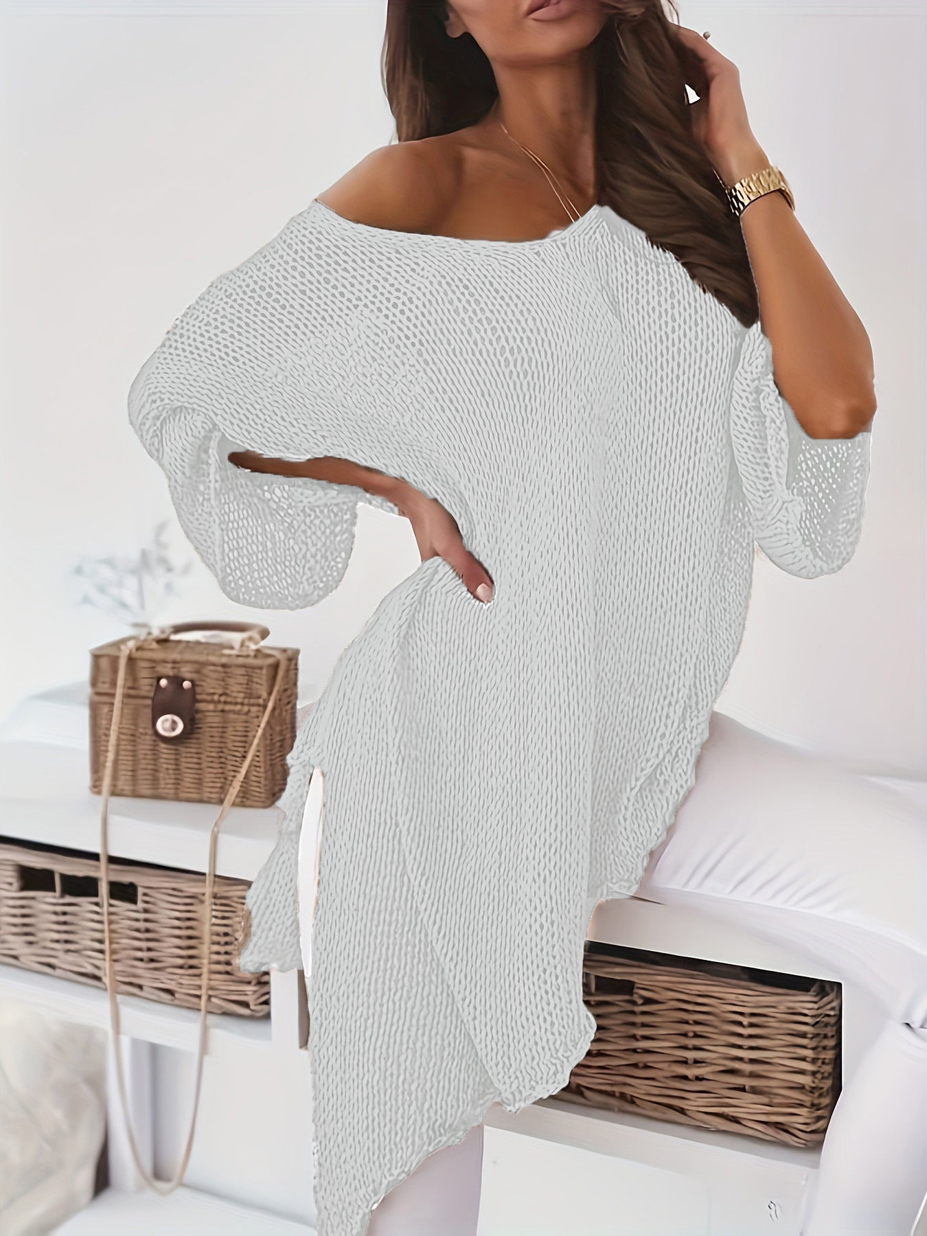 Women's Large Clothes Sexy Loose Pullover Mid-length Sweater