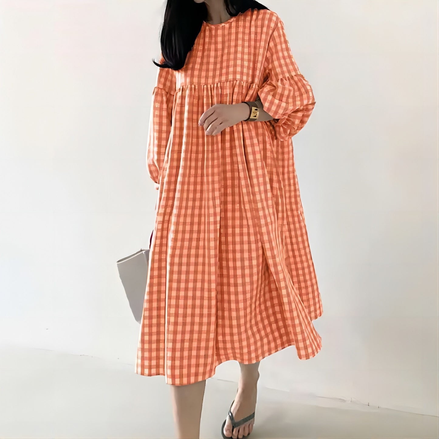 Women's Casual Plaid Puff Sleeve Round Neck Dress