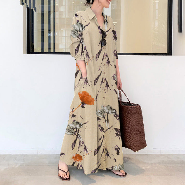 Lapel Long Sleeve Pocket Simple Loose Dresses