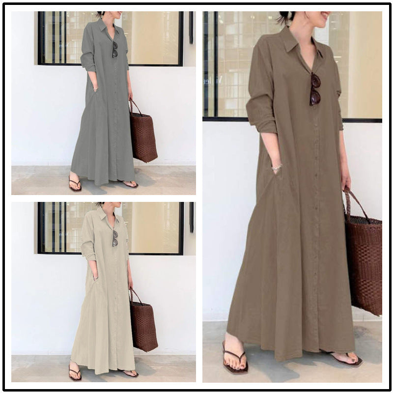 Solid Color Lapel Long Sleeve Pocket Simple Loose Dress