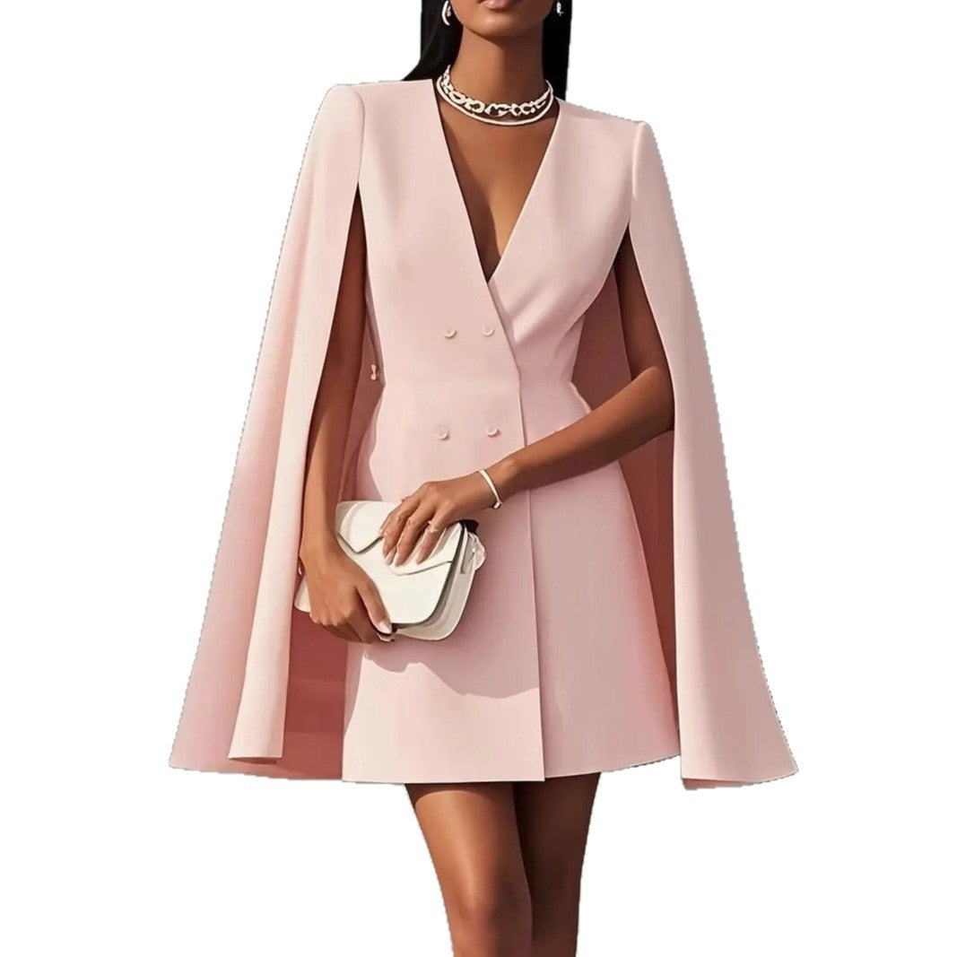 Women's Autumn Commuter Double Breasted Shawl Cape Solid Dress