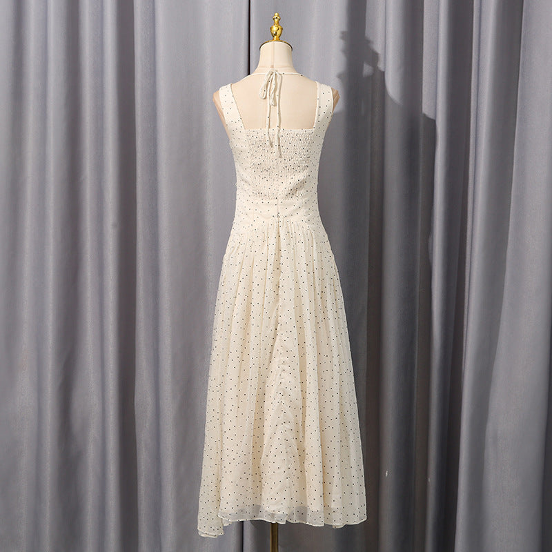 Women's French Retro Milk Apricot Round Neck Sleeveless Dresses