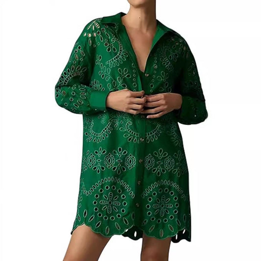 Women's Solid Color Shirt Collar Loose Embroidered Blouses