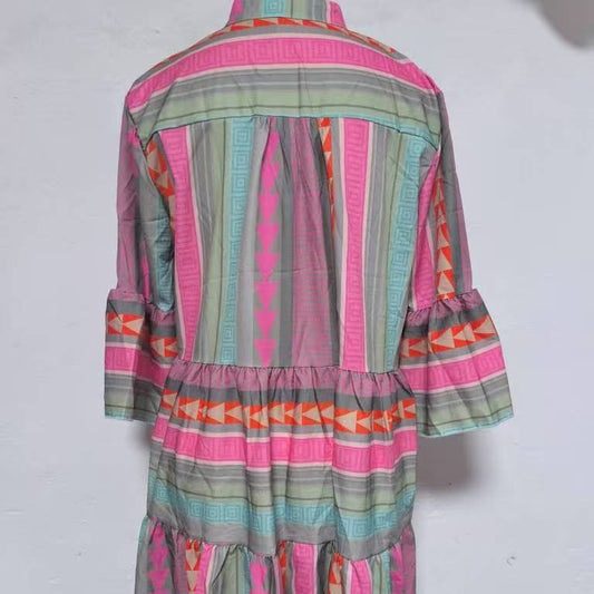 Fashion Printing Stand-up Collar Sleeve Dress Dresses