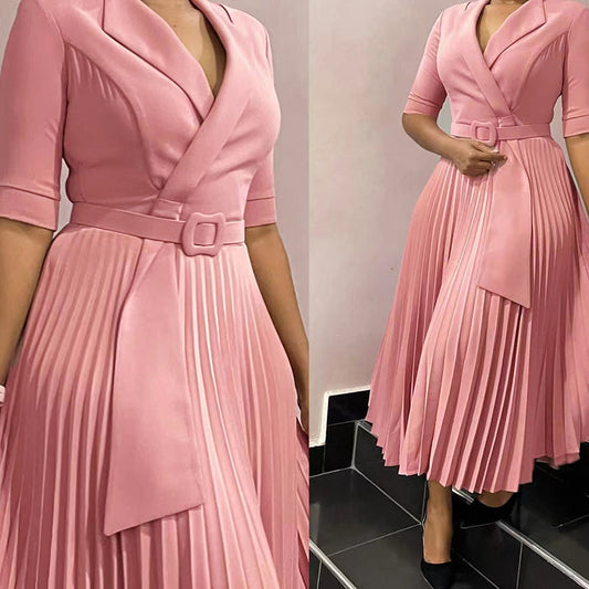 Women's Fashion Tailored Collar Tie Pleated African Dresses