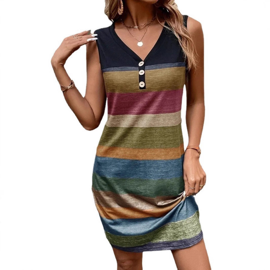 New Striped Printed Button Loose Long Dress