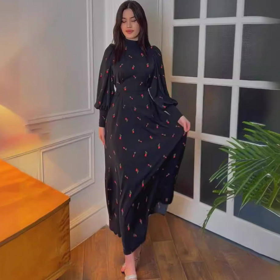 Gentle Loose Little Cherry Print Satin Dress Dresses