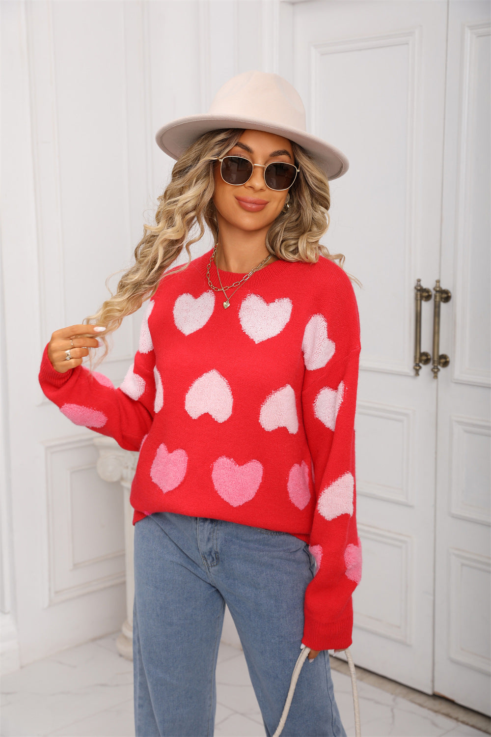 Women's Valentine's Day Round Neck Pullover Peach Sweaters
