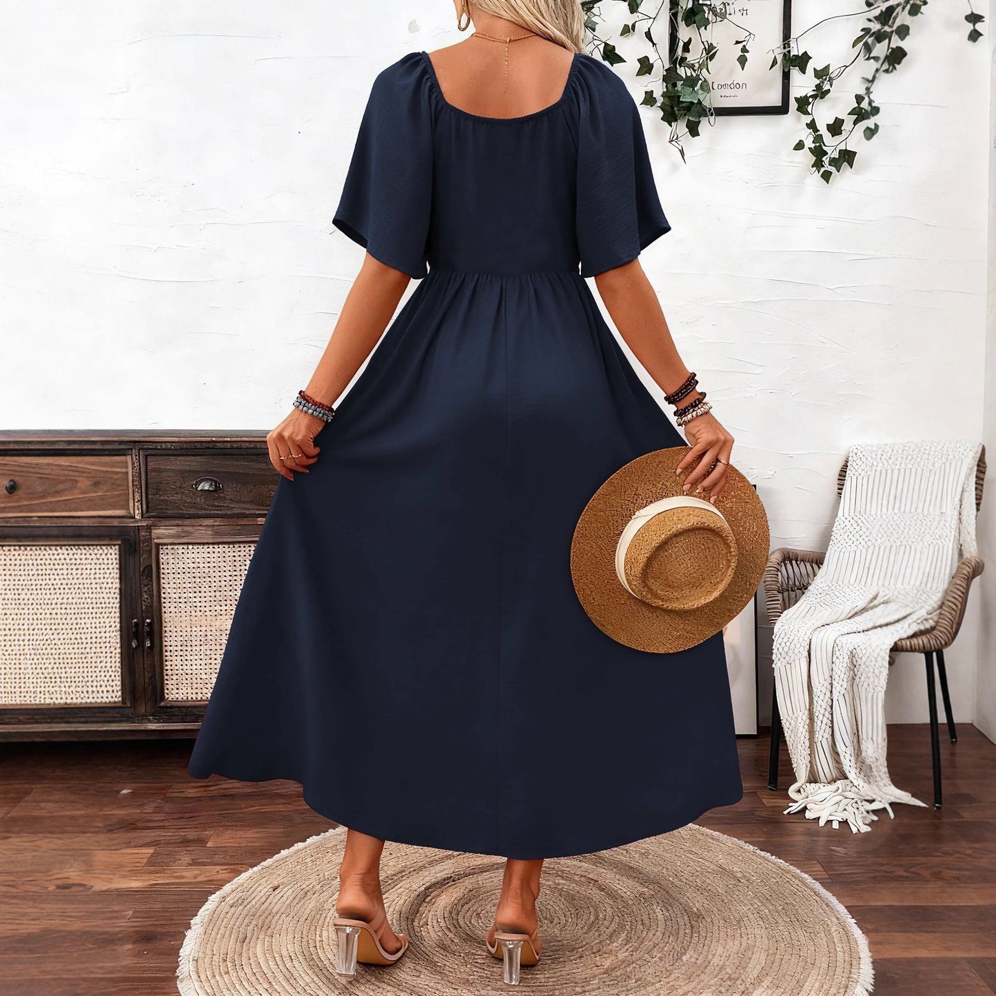 Women's Bohemian Style Square Collar Fashionable Elegant Ruffle Sleeve Dress