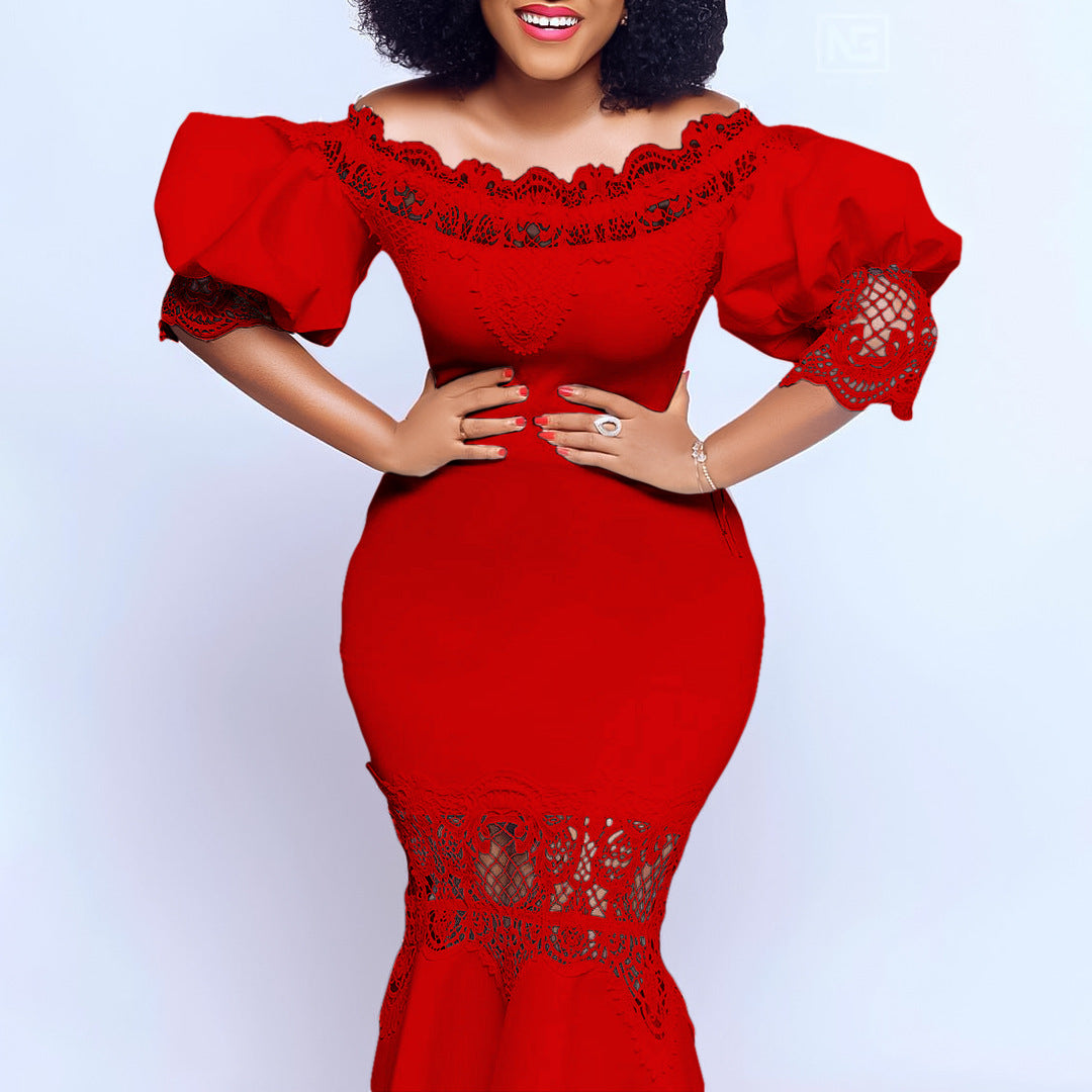 Women's Puff Sleeve Lace Stitching Banquet Fishtail Dresses