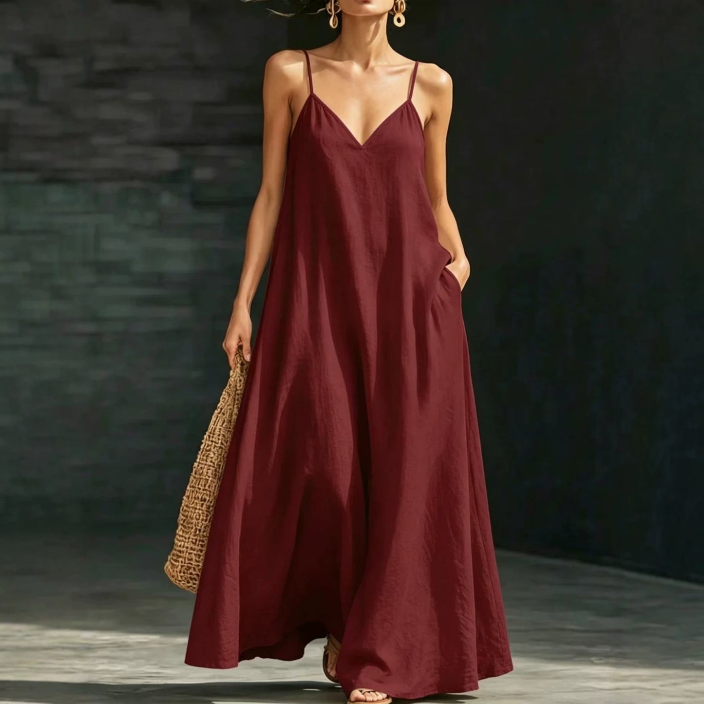 Women's Summer Strap Long Casual Fashion Large Swing Solid Color Dress