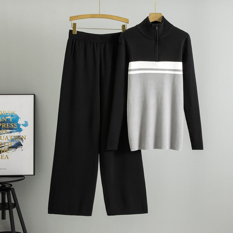 Women's Color Matching Knitted Turtleneck Zipper Spring Fashion Casual Suit
