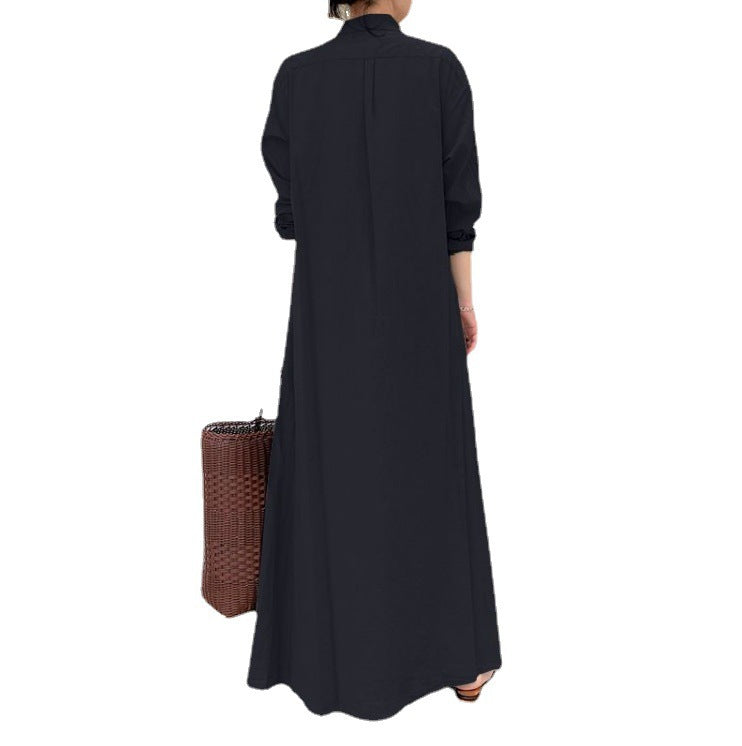 Solid Color Lapel Long Sleeve Pocket Simple Loose Dress