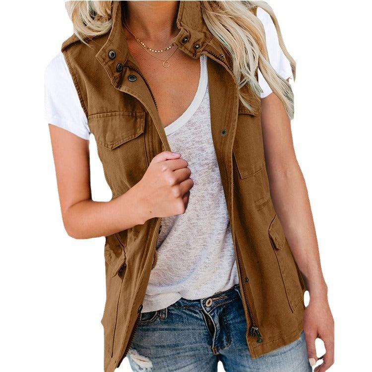 Fashion Solid Color Drawstring With Pocket Vests