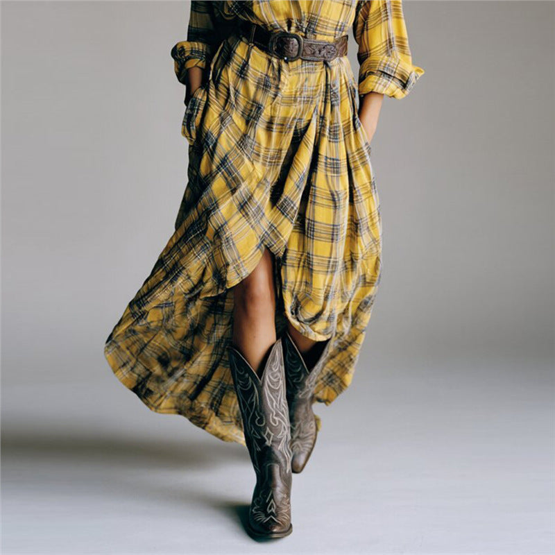 Retro Long Sleeve Plaid Shirtdress Fashion Loose Leisure Dress