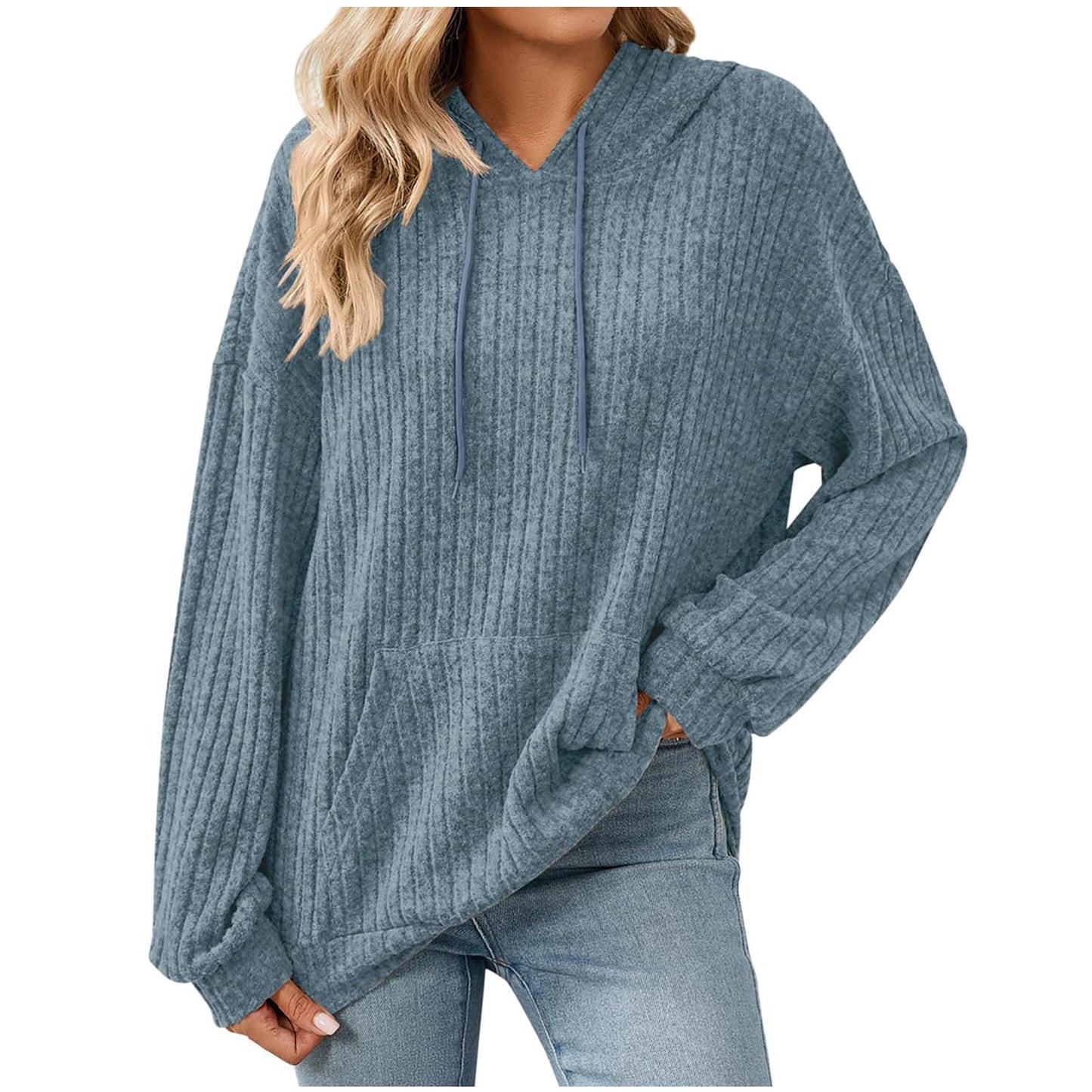 Women's Color Long Sleeve Hooded Sunken Stripe Women's Sweater, Sweater