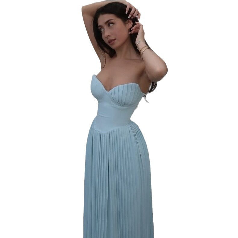 Sky Blue Elegant Pleated Tube Slimming Dresses