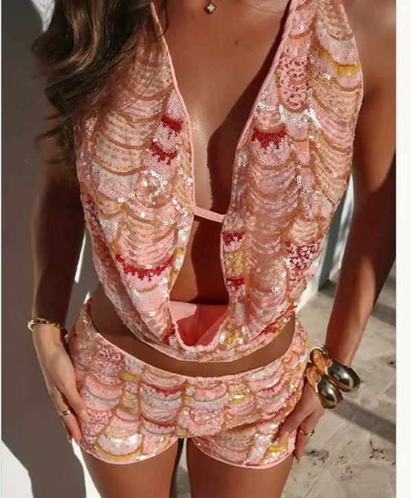 Fit Mermaid Sequined Backless Halter Sexy Tops