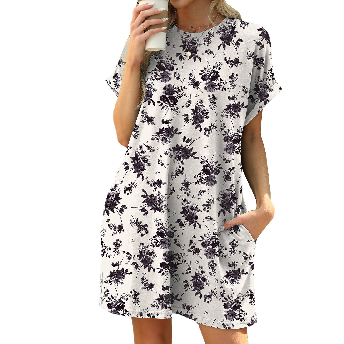 Loose Round Neck Sleeve Printed Pocket Dress
