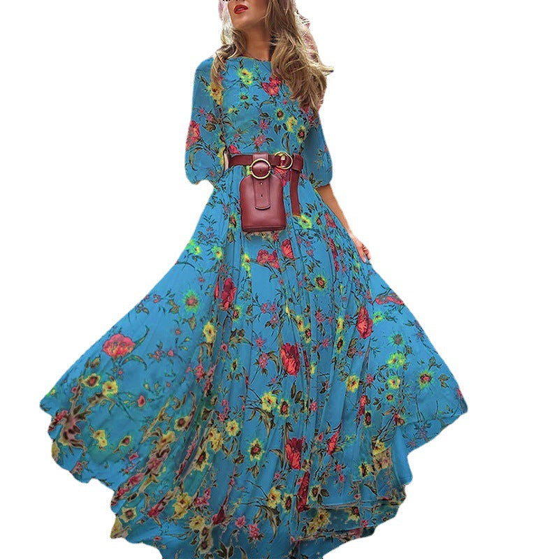 Women's Printed Bohemian Round Neck Sleeve Large Dress