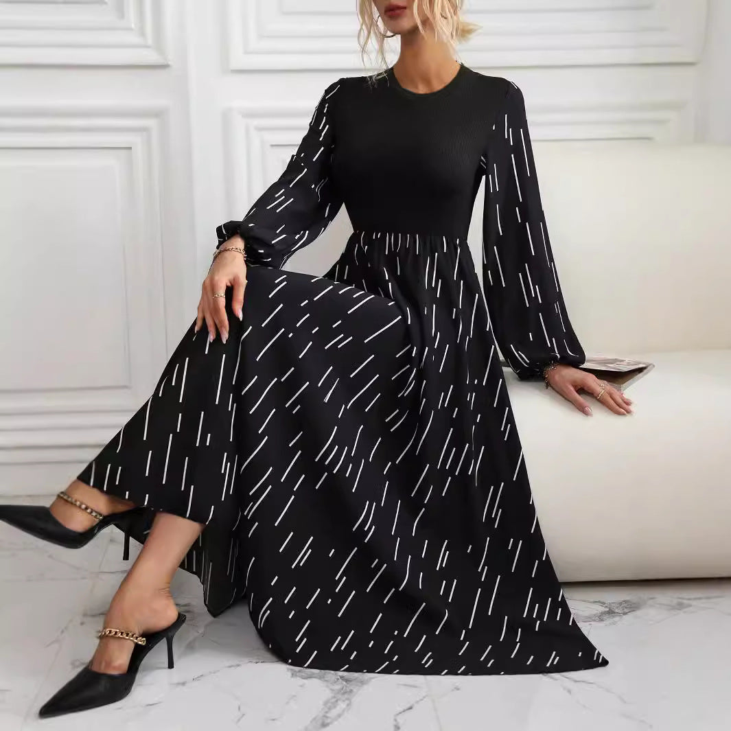 Women's French Fashionable Elegant Printed Round Neck Temperament Dress