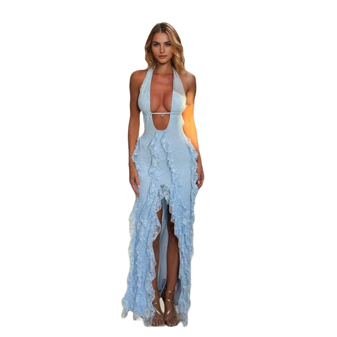 Women's Summer Elegant Sexy Deep Hollow Halter Lace Up Dresses