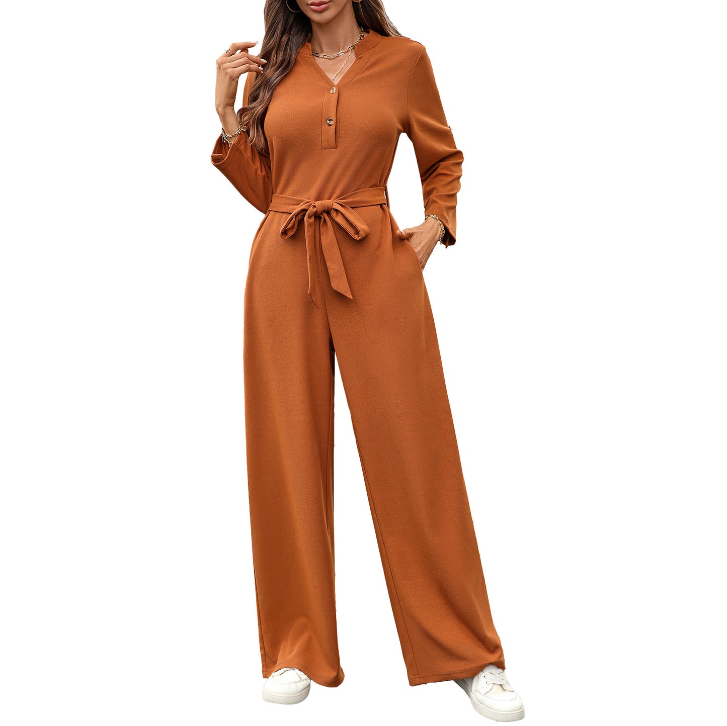 Solid Color High Waist Button Long Jumpsuits