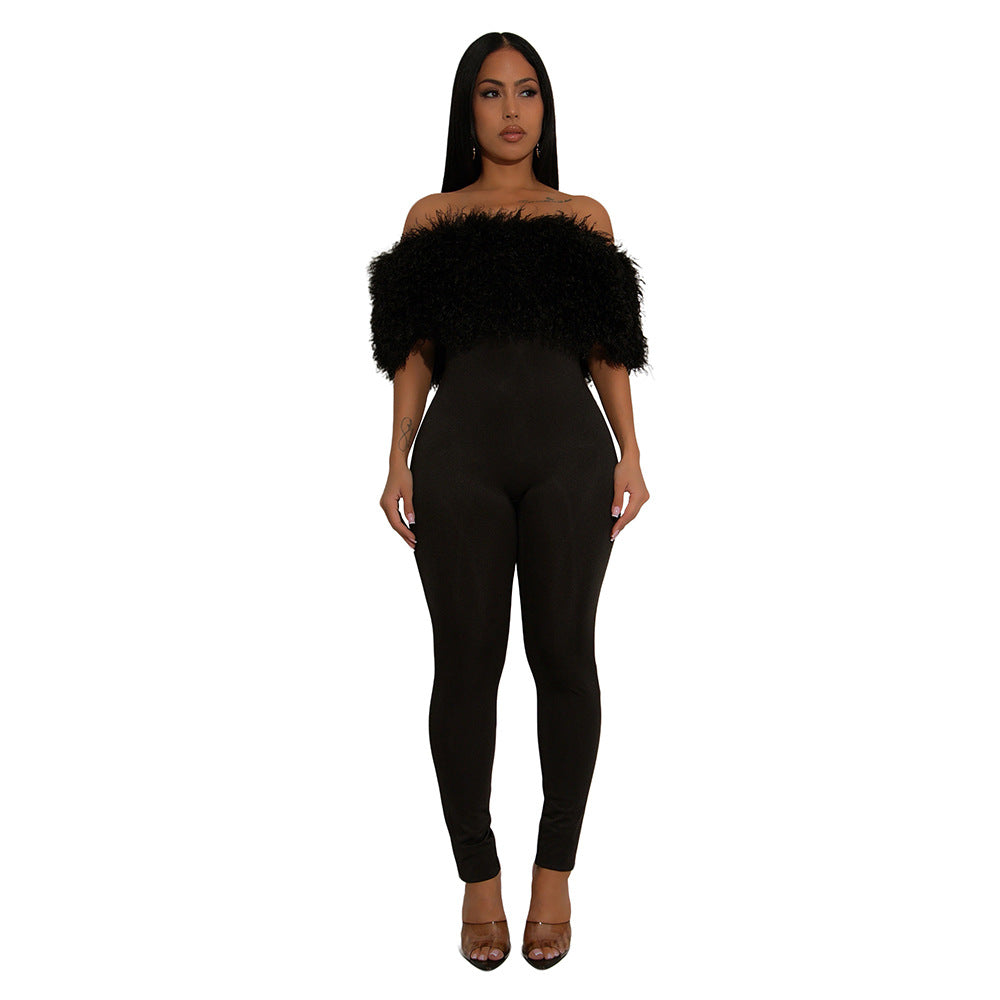 Stylish Furry Stitching Milk Silk Trousers Jumpsuits