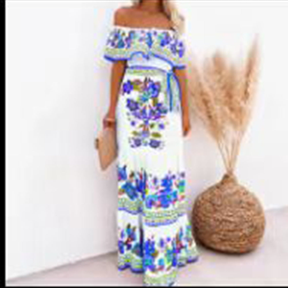 Women's Red Flower Print Long Large Hem Dresses