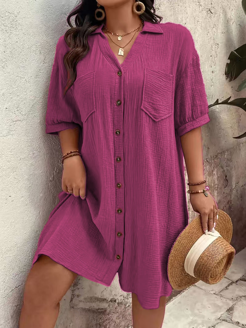 Cotton Linen Lapel With Buttons Solid Dress